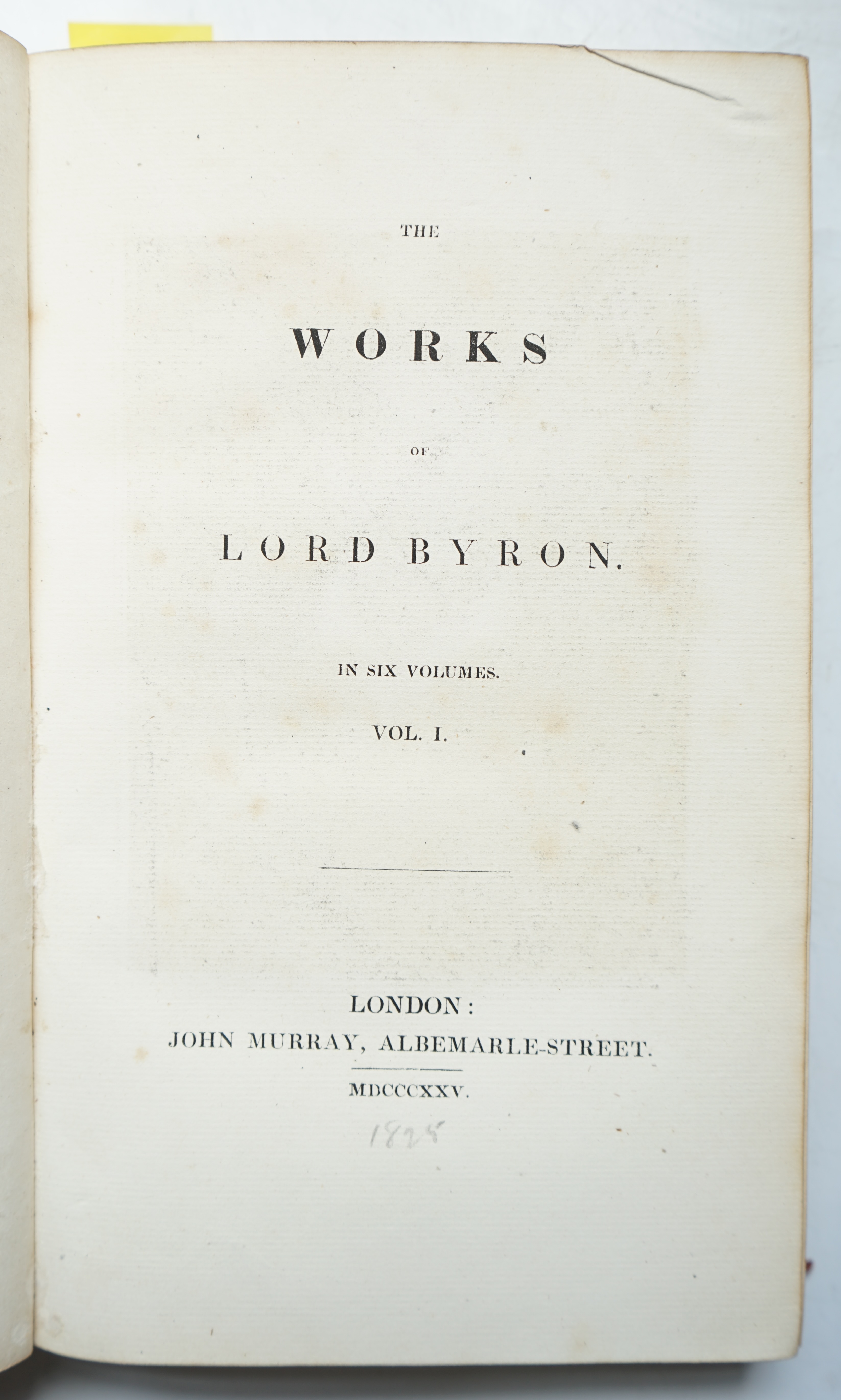 Byron, George Gordon Noel, Lord - The Works of Lord Byron, 6 vols, 8vo, red morocco, with portrait frontis to vol 1, John Murray, 1825 and, vols 7 & 8 uniformly bound, from an 8 volume set, John Murray, 1824, (8).